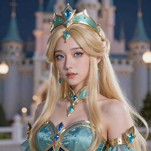 Fantasy Woman in Teal and Gold Royal Attire