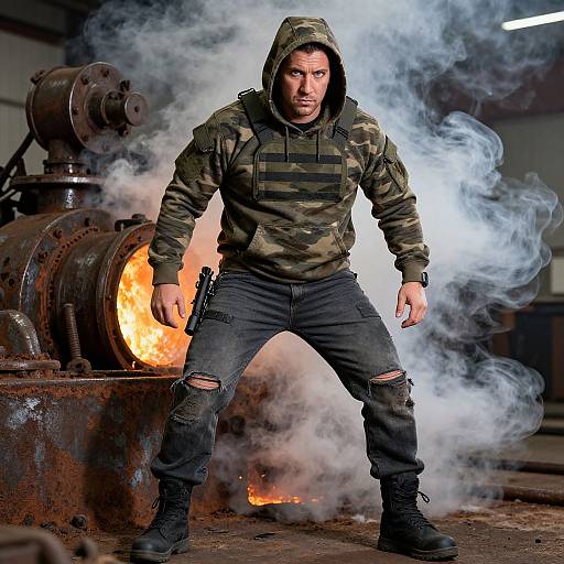 Photograph of a muscular man with a stern expression, wearing a camouflage hoodie and ripped jeans, standing in a smoky industrial setting with a fiery furnace