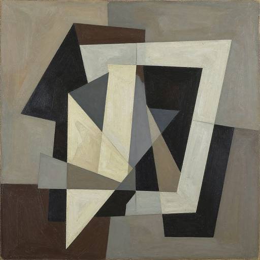 Abstract painting with geometric shapes: overlapping white, black, beige, and gray triangles and squares, creating a dynamic, three-dimensional effect.