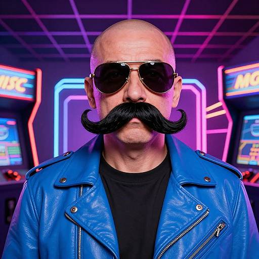 Bald man with large black mustache, wearing sunglasses, blue leather jacket, and black shirt, stands in neon-lit arcade. Photorealistic