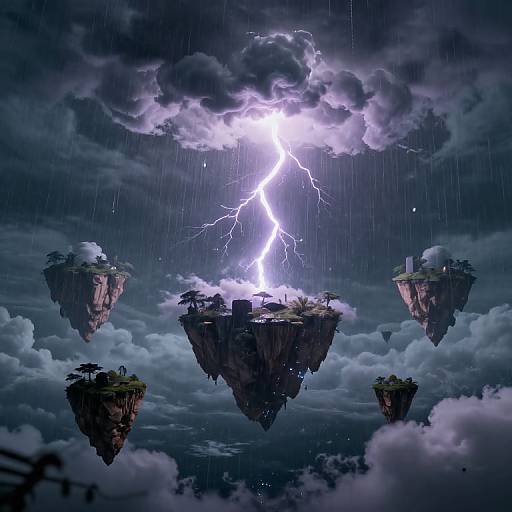 Fantastical digital painting of floating islands with sparse trees, illuminated by a vivid lightning bolt in a stormy, cloudy sky.