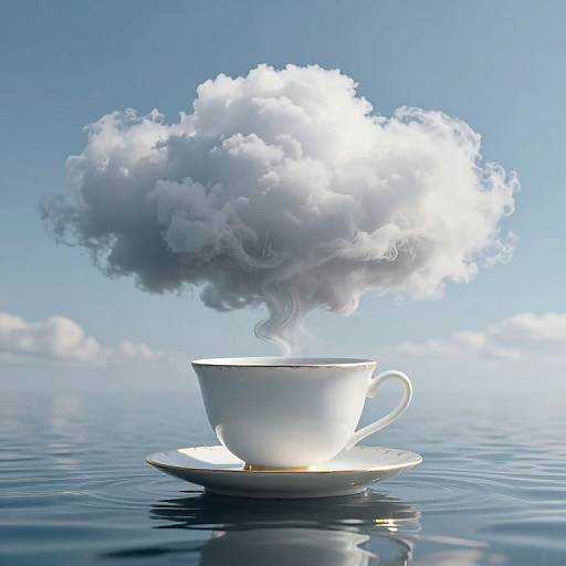 Photographic-style digital artwork of a white teacup with steam transforming into a large, fluffy cloud over a reflective, calm ocean.