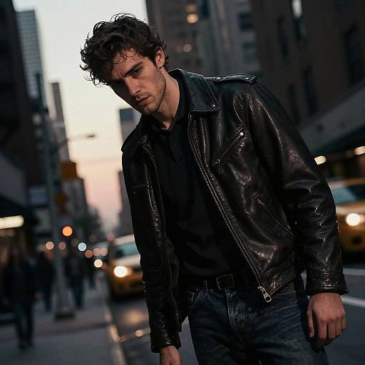 Photograph of a brooding, curly-haired man in a black leather jacket and dark shirt, standing on a dimly lit urban street at dusk,