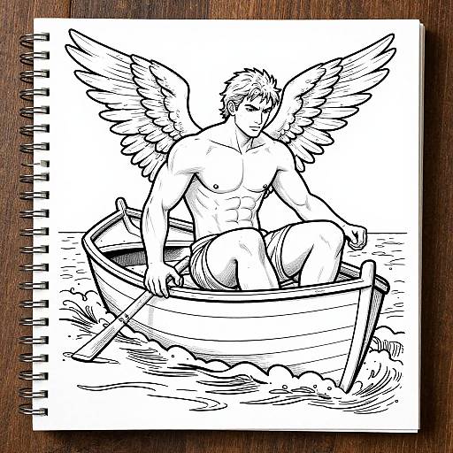 Black-and-white ink drawing of a muscular, shirtless angel with wings sitting in a small boat, surrounded by water and a broken oar. Sk