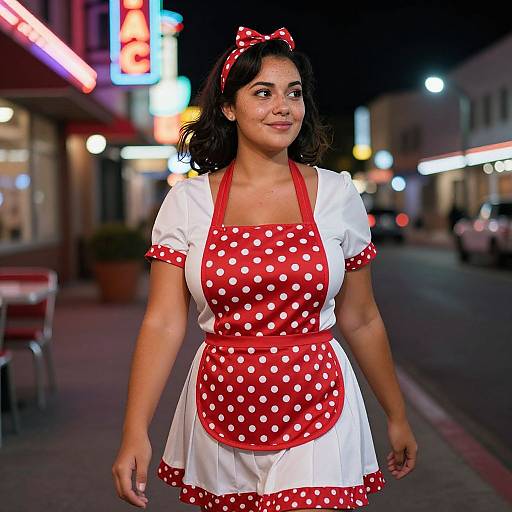 Photograph of a curvy woman with dark hair, wearing a red polka dot apron, white puffed-sleeve dress, and matching