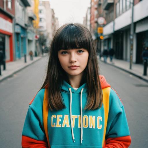 Young girl with blunt bangs in colorful hoodie on urban street