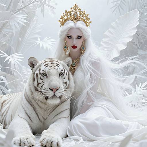 Regal Woman and White Tiger Portrait