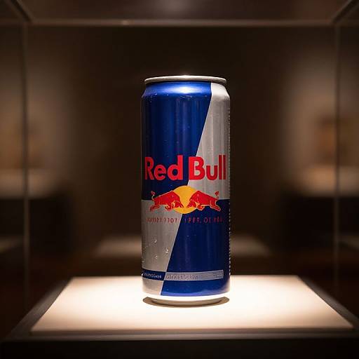 Photograph of a Red Bull energy drink can illuminated from below, showcasing the blue, red, and silver logo, with a dark, blurred background.