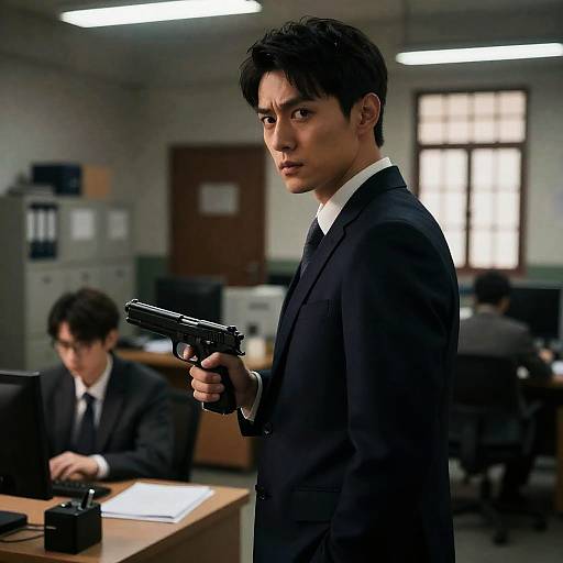Man Holding Handgun in Office