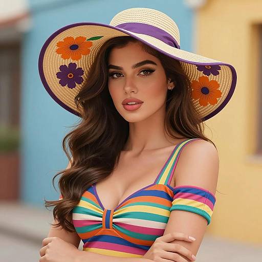 Woman in Colorful Sunhat and Striped Top