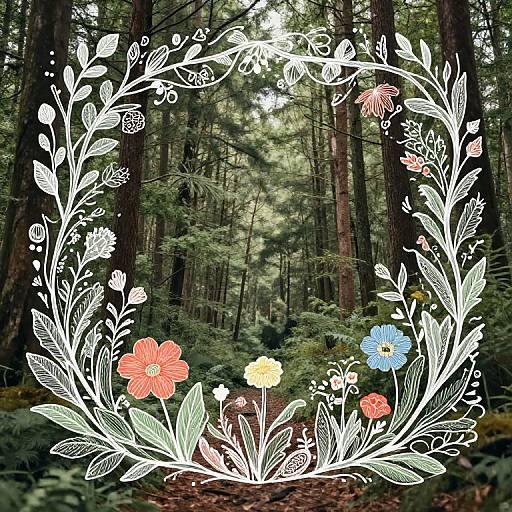 Photograph of a forest with white, detailed floral wreath overlay in red, yellow, and blue flowers, set against tall trees.