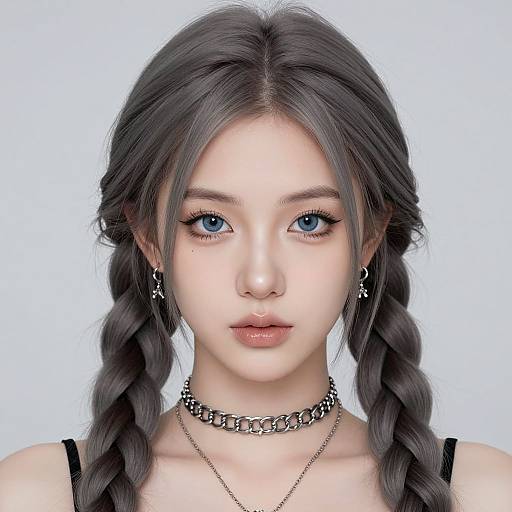 Digital portrait of a young woman with pale skin, blue eyes, and long braided dark hair, wearing a black choker and silver earrings, against