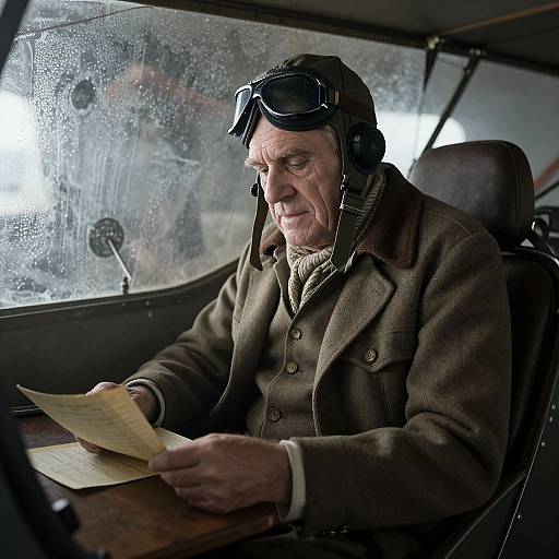 Elderly Pilot in Vintage Biplane Cockpit