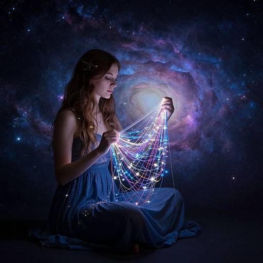 Photograph: Fair-skinned woman with long brown hair in a blue dress holds glowing, neon string lights against a cosmic, starry background.