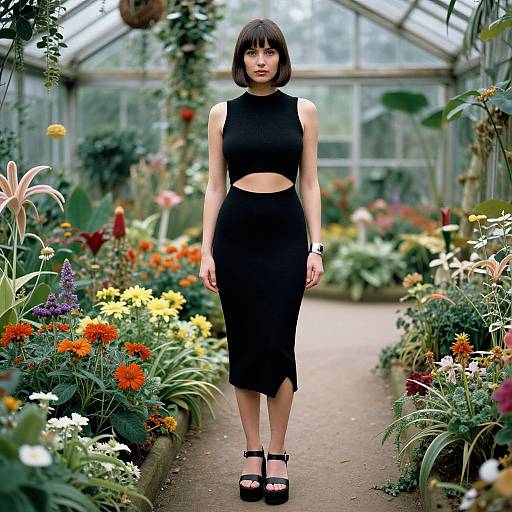 Photograph of a fair-skinned woman with a bob haircut, wearing a black sleeveless crop top and midi skirt, standing in a vibrant greenhouse filled