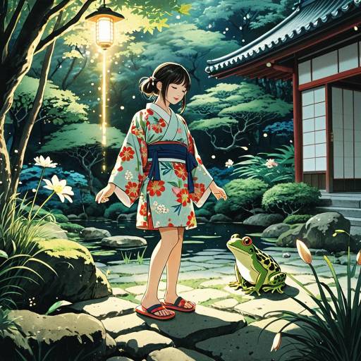 Whimsical Encounter in a Japanese Garden