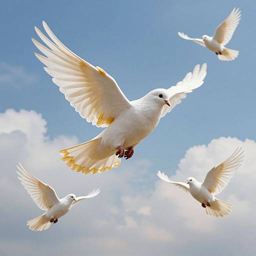 Photograph of five white doves with outstretched wings flying against a bright blue sky with scattered white clouds.