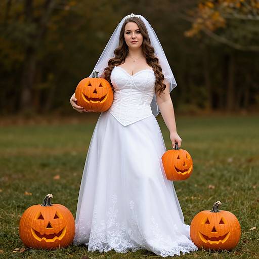 Photograph of a curvy, fair-skinned bride with long brown hair in a white lace wedding dress and veil, holding two carved pumpkins,