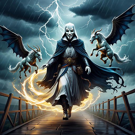 Mythical Creatures Against Stormy Backdrop