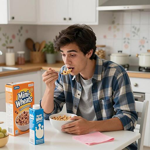 Young Man Enjoying Cereal in Kitchen