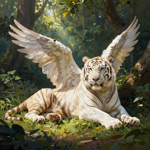 Winged White Tiger in Enchanted Forest