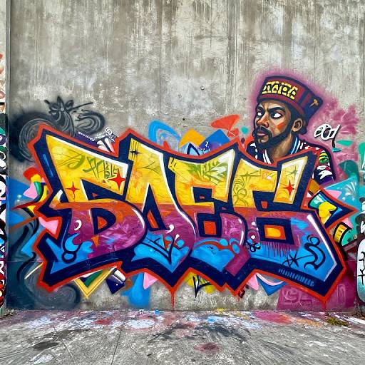 Vibrant graffiti mural on a concrete wall featuring bold, colorful 