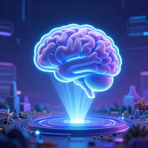Glowing blue-neon brain hovering over a futuristic circular platform, surrounded by sci-fi lab equipment in a dark, illuminated environment. Digital CGI artwork