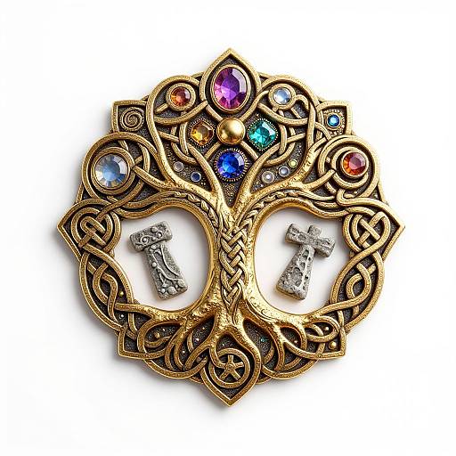 Ornate gold Celtic brooch with intricate knotwork, surrounded by colorful gemstones, featuring two small silver crosses on white background.