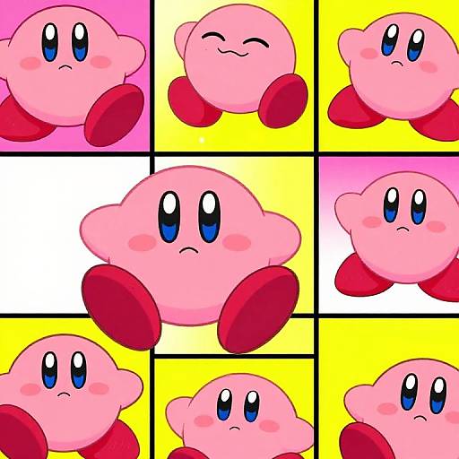 Digital drawing of Kirby, a pink, round, cartoon character with red feet, displaying various expressions across a colorful grid background.