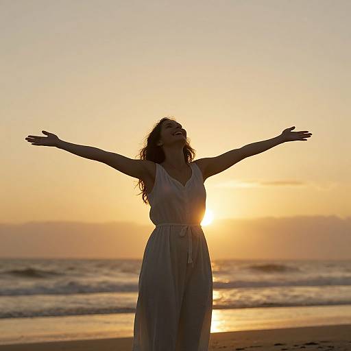 Photograph of a woman with curly hair, wearing a white dress, standing on a beach with arms outstretched, silhouetted against a