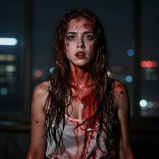 Shocked Woman in Blood-Soaked Room