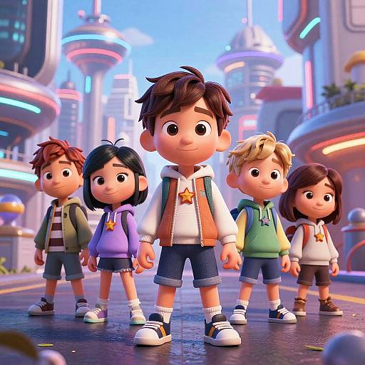 CGI image of six cute, cartoon-style children with big eyes, standing in a neon-lit, futuristic city street at dusk.