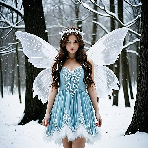 Winter Fairy Woman with White Wings in Snowy Forest