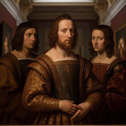 Renaissance painting of three men with long brown hair, wearing ornate brown robes, standing in a dimly lit hallway. Central figure's hands
