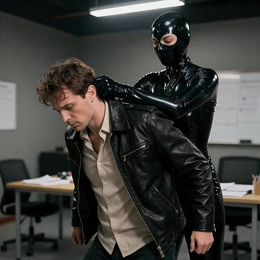 Helmeted Enforcer Restrains Man in Office