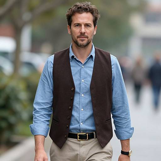 Photograph of a handsome, bearded man with curly brown hair, wearing a light blue shirt, dark vest, and beige pants, walking down a