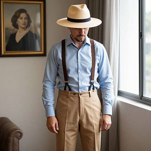 Photograph of a bearded man in light blue shirt, beige pants, black suspenders, and straw hat, standing by window, with portrait on
