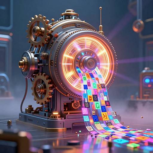 Photorealistic CGI of a glowing, steampunk-style machine with spinning gears, emitting a vibrant, colorful stream of icons on a metallic surface in