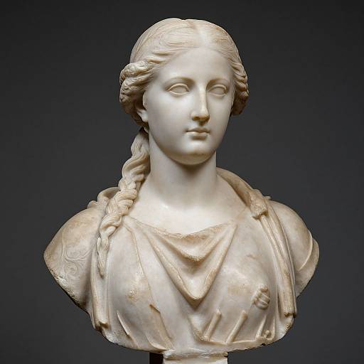 Photograph of a classical white marble bust of a young woman with a braid, wearing a draped garment, against a dark background.