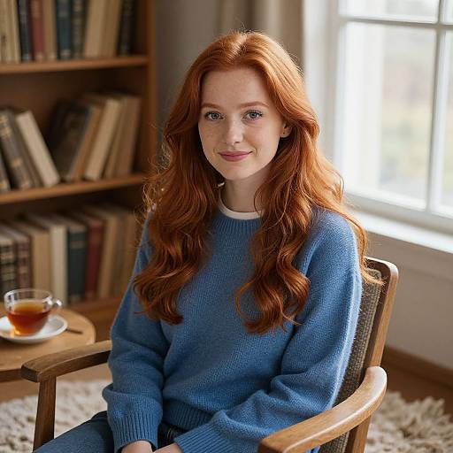 Photograph of a fair-skinned, red-haired woman with wavy hair, wearing a blue knit sweater, sitting in a sunlit room with a