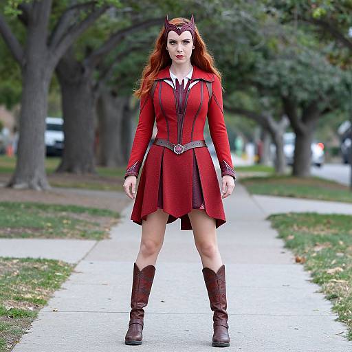 Photograph of a red-haired woman in a red superhero costume with cat ears, red dress, brown boots, standing on a park path.