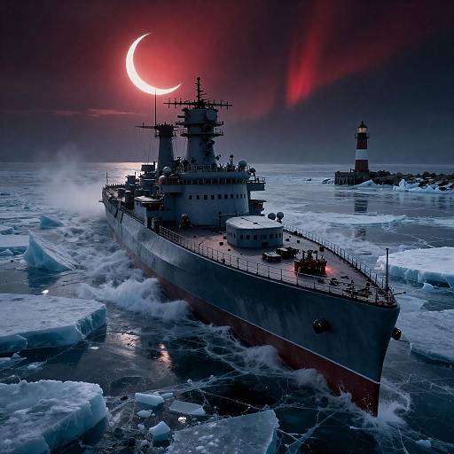 Ghostly Ironclad Beneath Blood-Red Aurora