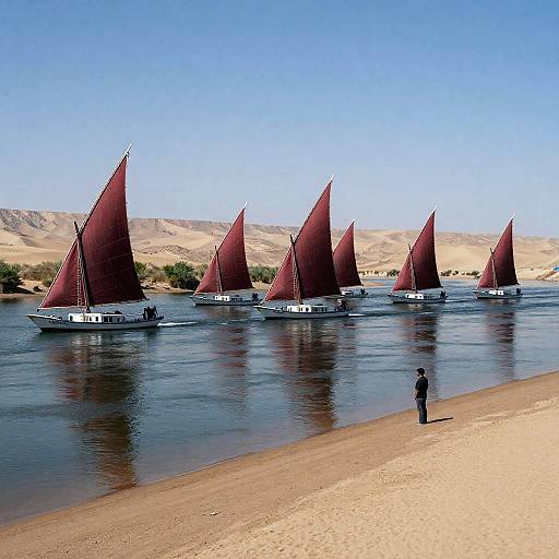 Red-Sailed Boats on Desert River