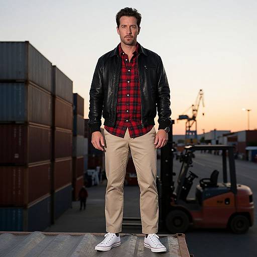 Photograph of a bearded man with short dark hair, wearing a black leather jacket, red plaid shirt, beige pants, and white sneakers,