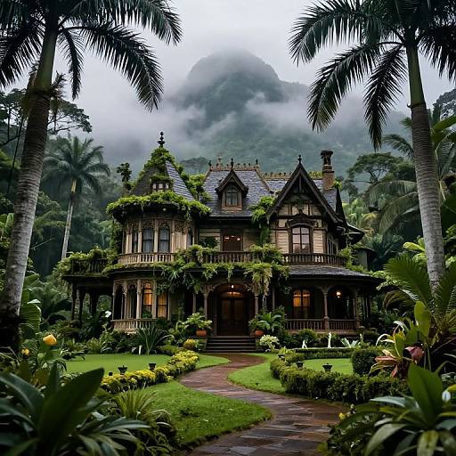 Photograph of a Victorian-style house, overgrown with vines, surrounded by lush tropical plants and palm trees, with misty mountains in the background.