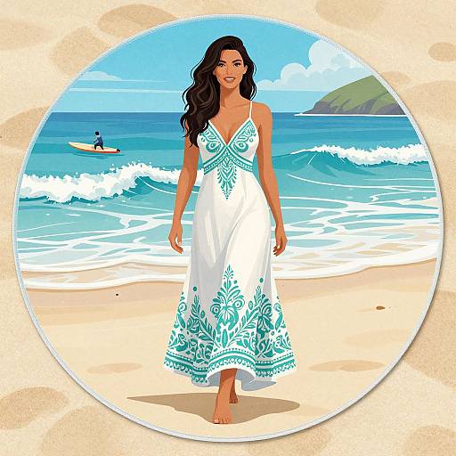Digital illustration of a smiling woman with long black hair in a white dress with blue floral patterns, walking on a sunny beach with waves and a surfer