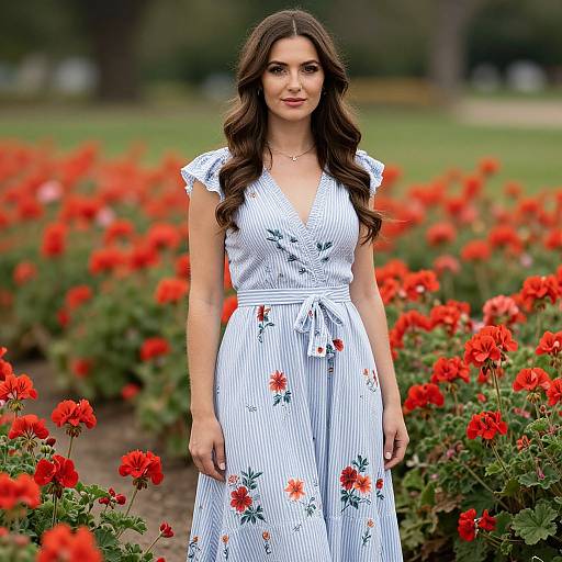 Photograph of a brunette woman with wavy hair, wearing a white, blue-striped, floral romper, standing in a vibrant red flower garden.