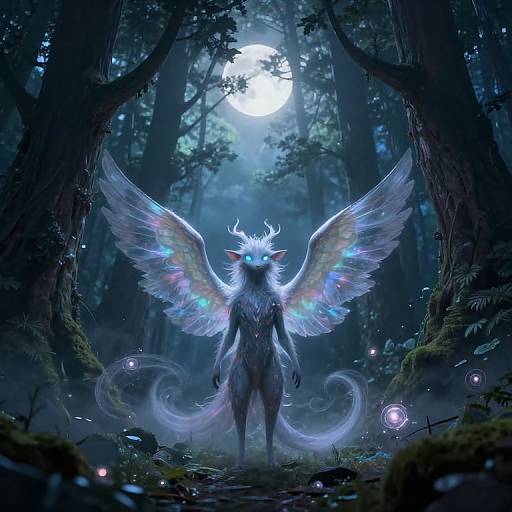 Digital fantasy artwork of a glowing, ethereal winged creature with blue and white feathers, standing in a misty, moonlit forest.