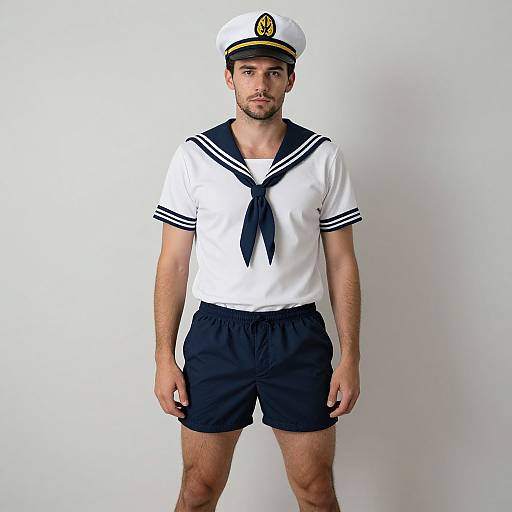 Photograph of a bearded man in white sailor uniform with black trim, neckerchief, and hat, wearing black shorts, standing against a plain