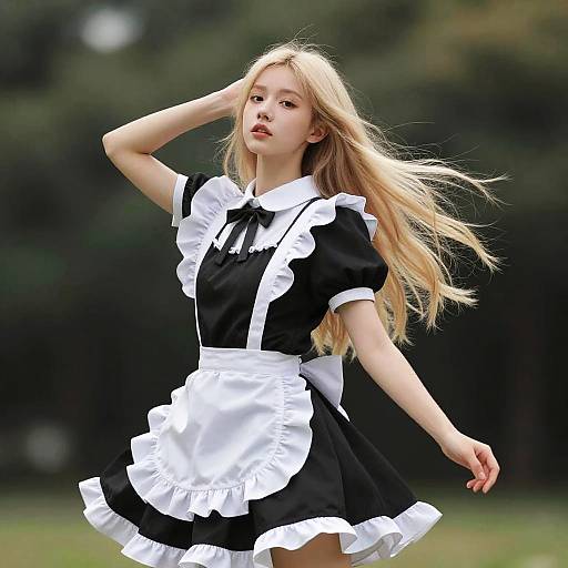 Photograph of a young blonde woman in a black and white French maid dress, standing outdoors, hand in hair, wind blowing her hair.
